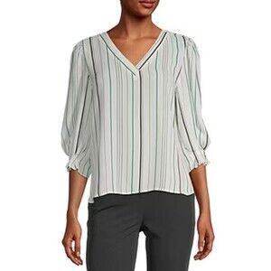 Worthington Womens 3/4 Sleeve Textured striped Pleat VNeck Top PL